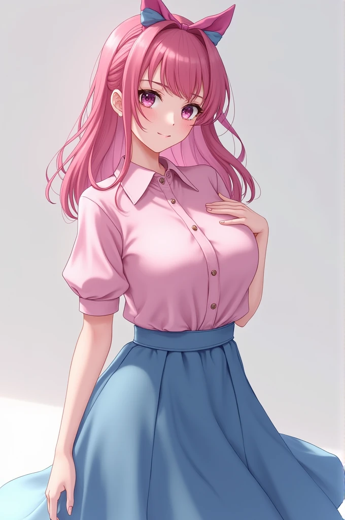 anime girl in a pink shirt and blue skirt posing for a picture, oppai, oppai proportions, with a large breasts, makoto shinka, big breasts!, biomechanical oppai, big breasts!!, sfw huge breasts, with large breasts, makoto shinkai. digital render, thicc, makoto, nishimiya shouko, smooth anime cg art