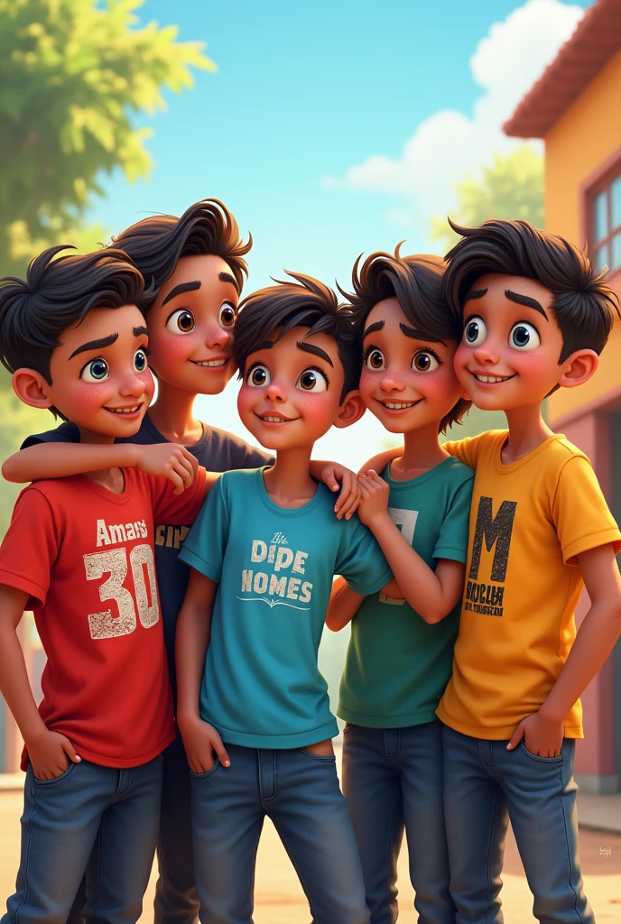 There are three boys and the name of the first is boy name is Aman, the second boy name is Zeeshan and the third boy name is Farhan and the four boy name is misbah and five boy name is Anas written on the different types of shirt.
