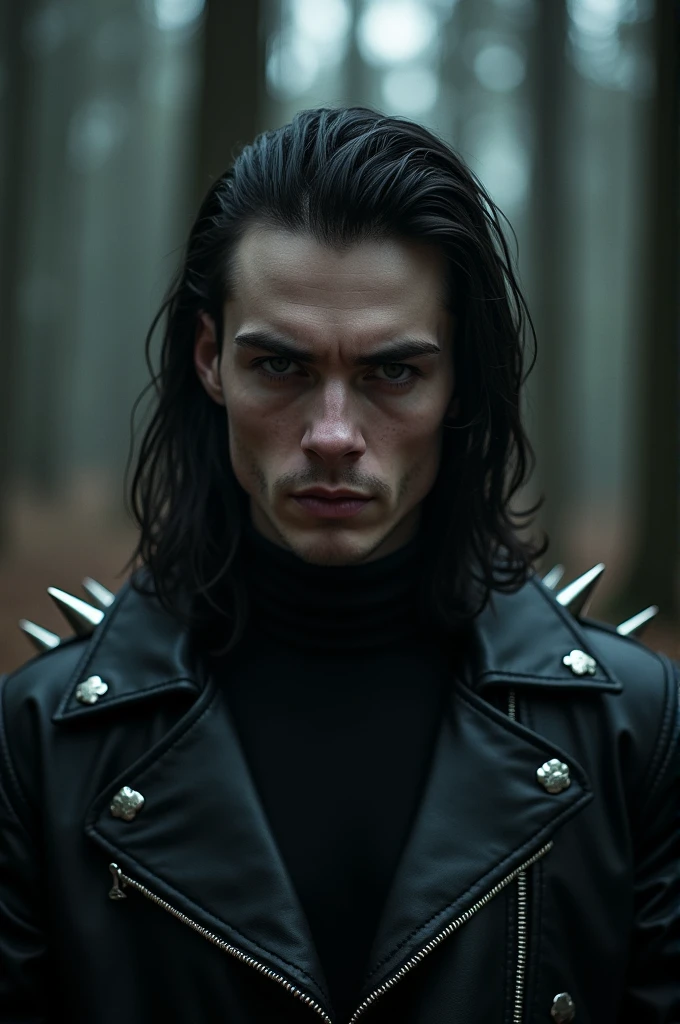 Help me create a realistic photograph of a 28 year old guy in black metal style, he is in a dark forest and the only thing you can see is his face and the spikes on his leather jacket