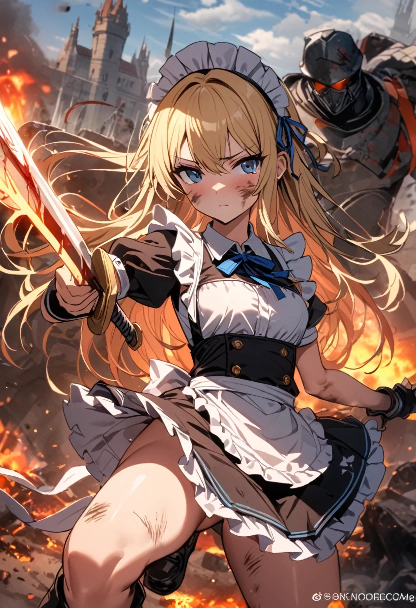 (8k, super high quality, masterpiece), (detailed), One Woman, Small breasts, Blonde, cute, Slightly longer length, Blue ribbon, Apron dress, Maid clothes, Slash with a two-handed sword, Perfect Stance, Burning Battlefield, Castle Defense, My whole body is dirty., Torn clothing, A strong enemy in front of me, Deadly Combat, Intense Combat, Quite dirty, Scorched, injury, Blood