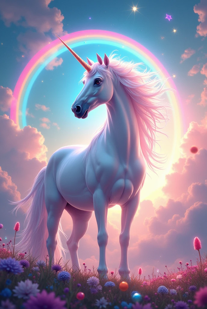 Unicorn with rainbow with colorful background with colorful things in the sky