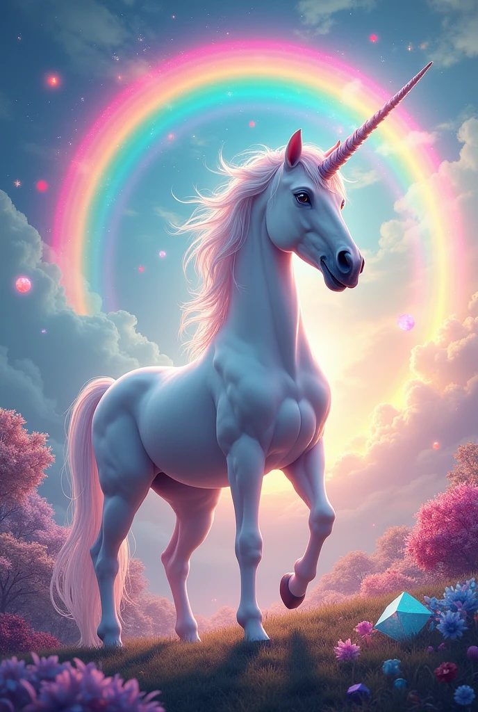 Unicorn with rainbow with colorful background with colorful things in the sky 