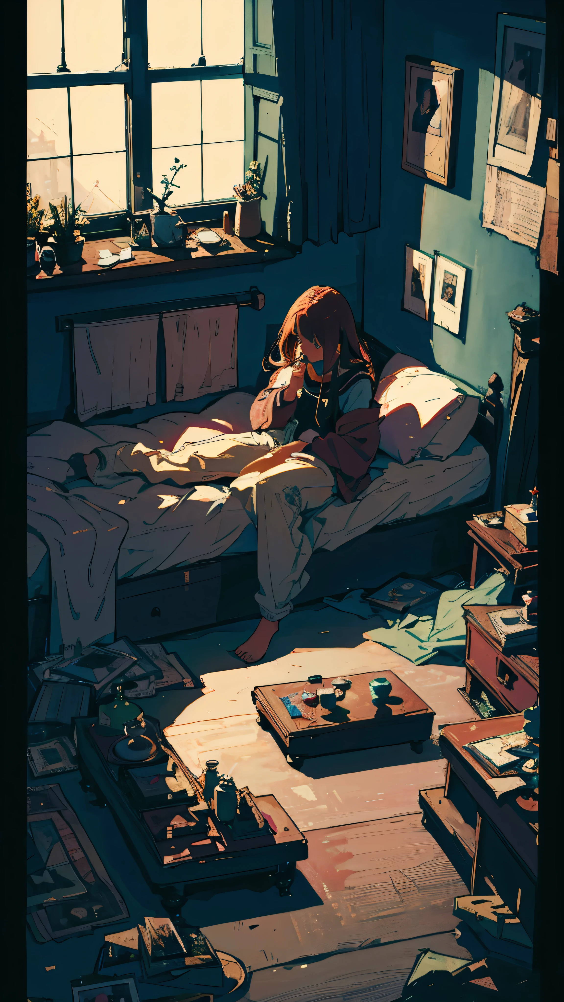 painting of a woman sitting on a bed in a messy room, デニス・サラジン, Deep dreams, Botticelli and Victor I, In the room, Its a deep dream, Messy room, In her room, ジェームズ・ジャン・アンドレイ・リアボヴィチェフ, In a small room, シャオ・ミ, ホヴセップ・プッシュマン, Surrealism, chiaroscuro, cinematic lighting, UHD, high details, best quality, highres, 8k