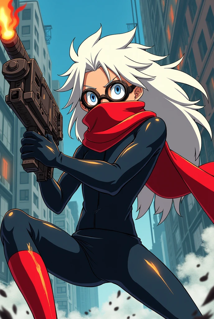 A sci-fi stealth action character male with white long hair with a bright red scarf on that covers their mouth while they are wearing goggles and red socks, and firing a rocket in an anime art style. The whole image should look like the movie Akira. He has friendly studio ghibli eyes
