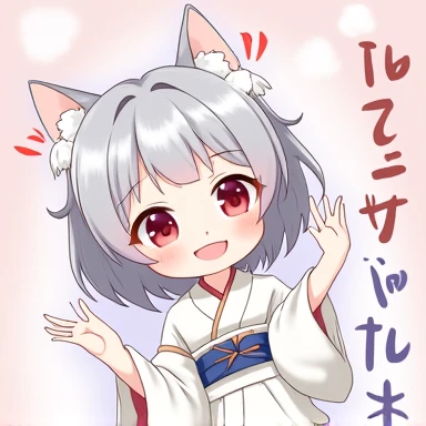 One Woman,Gray Hair,Cat ear,((Chibi Character)) ,Red eyes,,White kimono,wave hands,Bye bye,smile,Please enter text in the bottom right corner of the fantasy image,A very popular font,