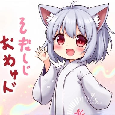 One Woman,Gray Hair,Cat ear,((Chibi Character)) ,Red eyes,,White kimono,wave hands,Bye bye,smile,Please enter text in the bottom right corner of the fantasy image,A very popular font,