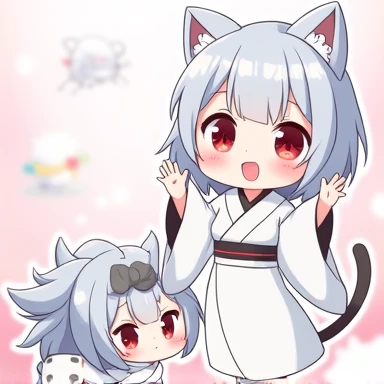 One Woman,Gray Hair,Cat ear,((Chibi Character)) ,Red eyes,,White kimono,wave hands,Bye bye,smile,Please enter text in the bottom right corner of the fantasy image,A very popular font,