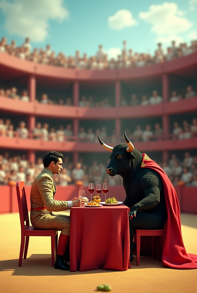 A 3D render of a comic play scene in a bullring. An elegant bullfighter and a majestic fighting bull are sitting at a table inthe middle of the bullring. They are enjoying a plate of patatas bravas, some olives, and a red wine, as if they were on the terrace of a bar. The public from the stands of the bullring stand up with a glass of wine in their hands.