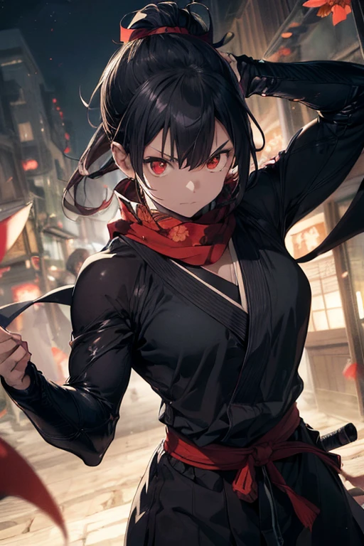 (((masterpeace、BEST QUALITY、high precision、High and fine)))、((fantasy)), (loose and baggy ninja garments), {Dark hair tied together},(Female Ninja Armor),(Long flowing ninja scarf), (Bright red eyes), 1girl, ninja, Japanese style, adult, confident, ninja warrior. Dynamic angle, sakura petals, fuedal japanese environment. adult, strong muscular build, tough, strong, nighttime, a very dark night, moody ambiance, full moon. warrior, kunoichi, Trained ninja assassin. revealing skin, big , strong facial features.