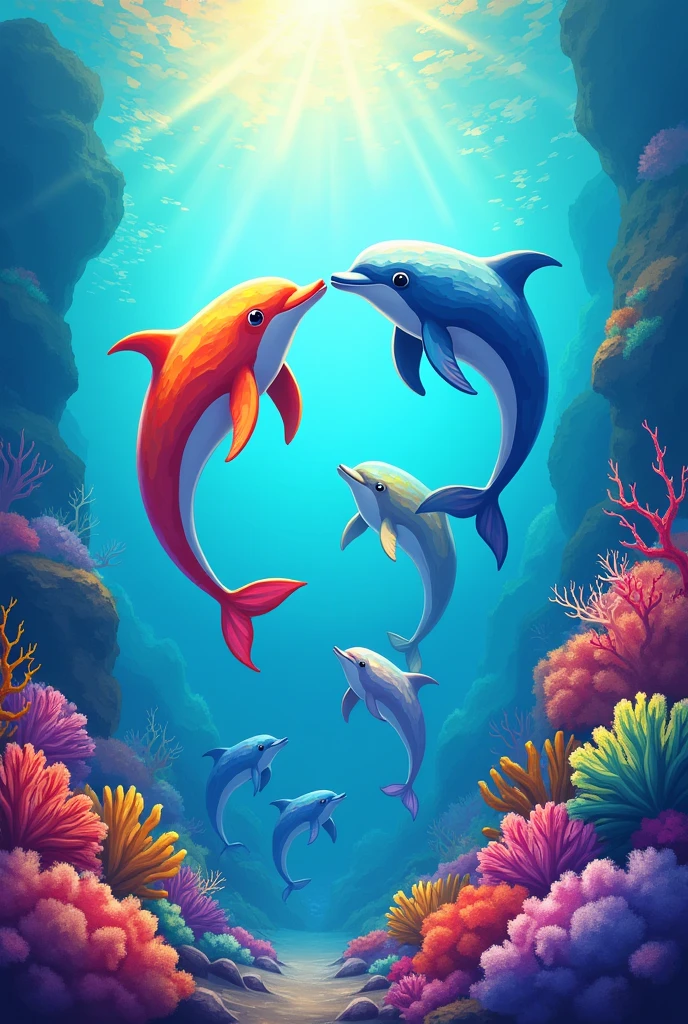 Rainbow and dolphins swimming gracefully through vibrant coral reefs, illustrated in a bright , colorful waves, dynamic movement, cheerful expressions, whimsical composition,