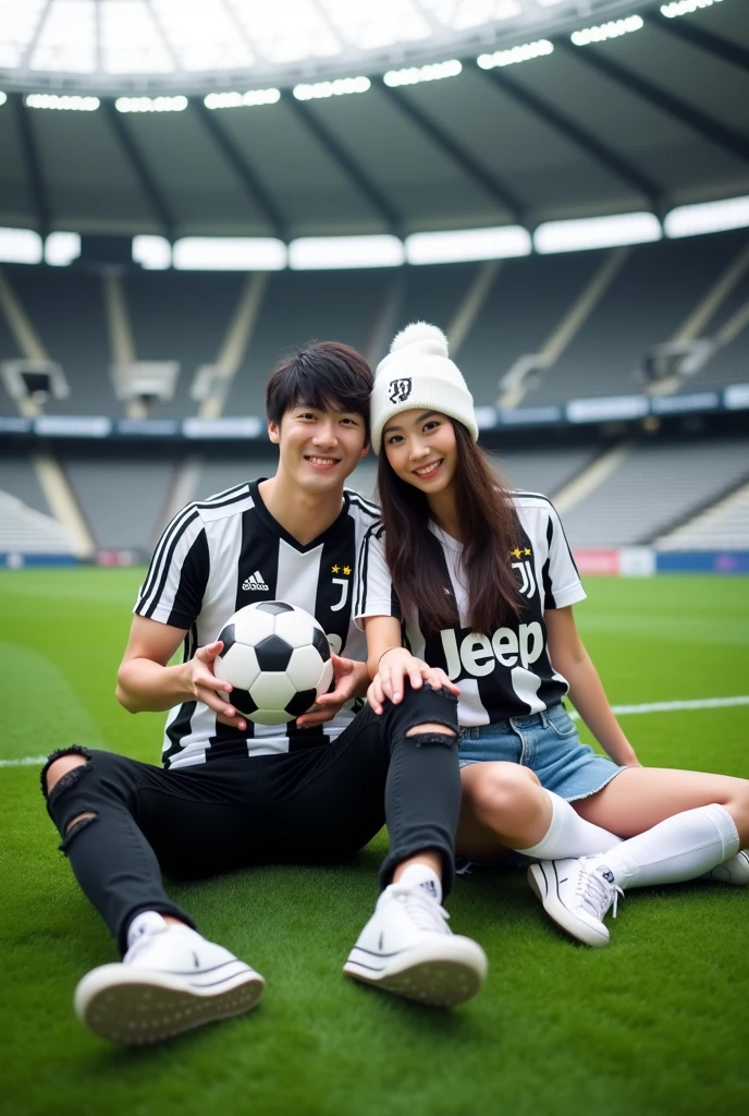 Displaying full HD high resolution photos, A handsome Korean man is sitting in the middle of the stadium field., while sitting on the grass the man is holding a ball with the JJ symbol, the man is wearing a black and white juventus jersey,wearing black jeans with rips, white sneakers, and wear a white beanie hat with the JJ logo, Beside the man, a beautiful woman was seen sitting there too.,the woman is wearing a juventus jersey, pakai rok pendek jeans sobek sobek dan white sneakers,wear a JJ logo black beanie hat, background of a green grassy stadium field and stands with the words "juventus",realistic