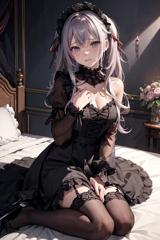 Hard Dark Gothic Makeup、Black dark eyeshadow、sad、Good skin radiance、Dark Gothicメイク、Dark smile、palace、The beauty of fragrance、24-years-old、Expression of intense sexual pleasure、Embarrassed look、Dark Gothic、Highest quality、Expression of sexual pleasure without pain、Drunk face、Purple maid outfit、Mysterious、noble、sexly、Loving smile、Twin tail hair、Right blue eye、Left eye is red、Super tempting pose、Platform Heel Shoes、Heavy makeup、Gothic ta clothes、Silver Hair、Long Hair Straight Hair、Cute Gothic Loliress、Beautiful Face、elegant features、Attractive face、Stained glass background、Chest glistening with sweat、The room is dark、goth long dress、Bell Sleeves、Wizard Sleeve、Decadent look、Sexually excited expression、Glossy thighs wet with water、Thighs that are wet and shiny with oil、Background of a room full of roses、sad expression、Rose Maiden、The embroidery is pink、The dress has pink embroidery.、Thigh-high socks、Knee-high socks、Gentle expression、Dark black eyeshadow、Stained glass and rose background、thighs are a little thin、Female Duo、Female couple、dark church background、Stained glass、Black metal world、Dark Castle、Dark Room、Slender body、gothic long dress、Victorian dress、Small breasts、Hold the wine in your right hand、Hold the lantern in your left hand、pantyhose、The bed is covered with roses、Her thighs are shining with sweat、My body is wet and shiny、Lots of glitter on the thighs、sweating、My thighs are sticky from sweating、Sweat glistening on my thighs、The whole body is sweaty and shiny、I sweated a lot.、My thighs are sweaty、Wet thighy thighs are shining with sweat、A lot of sweat glistening all over the body、Slender body、Put your head on the pillow、Sleeping on a bed、Beautiful legs、Stretching legs、Lie down in bed、Lie on your back in bed、