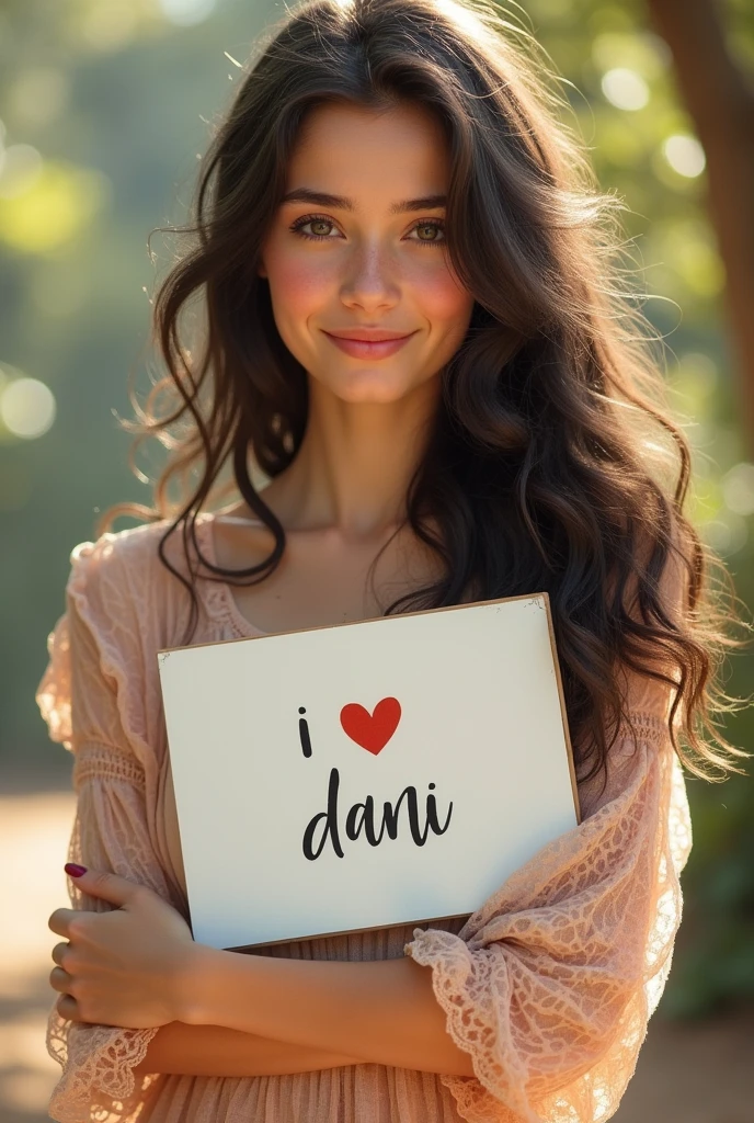 Beautiful cute girl with wavy long hair, bohemian dress, holding a white board with text "I Love Dani" and showing it to the viewer