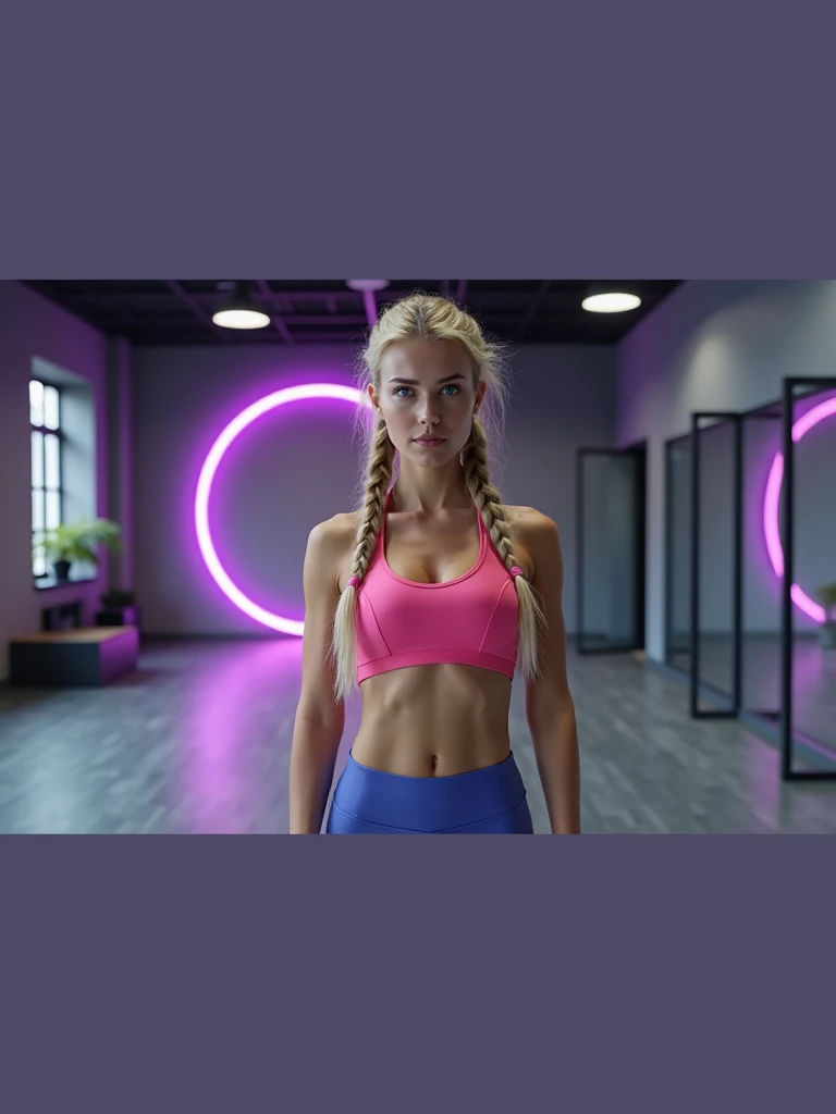 Blonde Russian girl 20 years old. Sexy woman in sports sexy clothes, sports pink top, sports blue leggings. Large breasts, curvy medium shapes and protruding buttocks, 15% fat, 3 breast size, Photo taken from the front, lens 1.4 G master 80mm. She is wearing sneakers. Two long braids. bright blue eyes. After training sweaty tired, Photo taken from the front, the model looks forward half-turned, pink sneakers, High resolution image. Realistic image, empty hall on the floor gray parquet, on the right there are floor-length mirrors, in the background on the wall there is a neon purple ring with a diameter of 1.5 meters, full-length image, super detailed skin. (((best quality))), -nsfw -imagine - naked-- super realistic-
