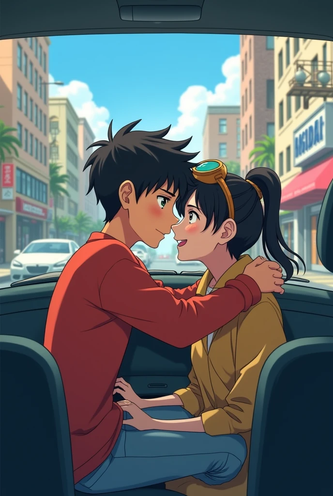 "Son, there is no space in the car, sit on sister's lap at the back seat" [in anime] [sister age is 25] [Son age is 19]
[Time is 10:00am]
[And location is a city]
[And sister is hug the son]
[And sister veering a Goggles]
