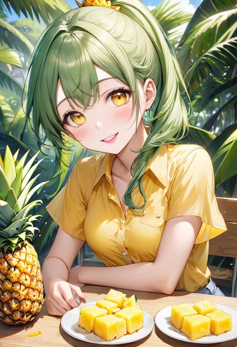 (eating style) (enjoy Cut pineapple), (solo:2, 15 yo), (beautiful ponytail) (glossy beautiful green hair long hair) (beautiful cute girl), (glossy lip, happy smile, best beauty yellow eyes), (medium tits), in a casual yellow tropical blouse, short pants, break, in the Nago Pineapple Park in Okinawa, master quality line up on table many Delicious looking pineapple cut into bite-sized pieces, BREAK, perfect anatomy, masterpiece, best quality, 16k, beautiful detailed grow, daydreaming expression.