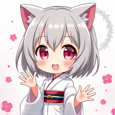 One Woman,Gray Hair,Cat ear,((Chibi Character)) ,Red eyes,,White kimono,wave hands,Bye bye,smile,Please enter text in the bottom right corner of the fantasy image,A very popular font,