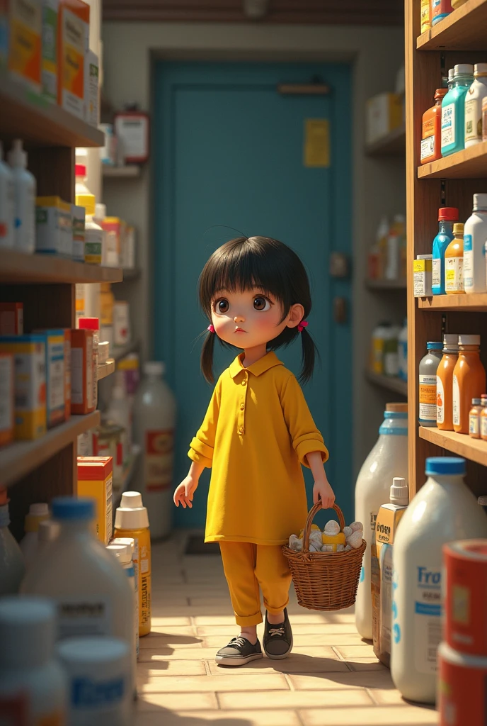 Draw  girl with yellow clothes buying medicines and food from a store and carrying them. show seriousness on her face