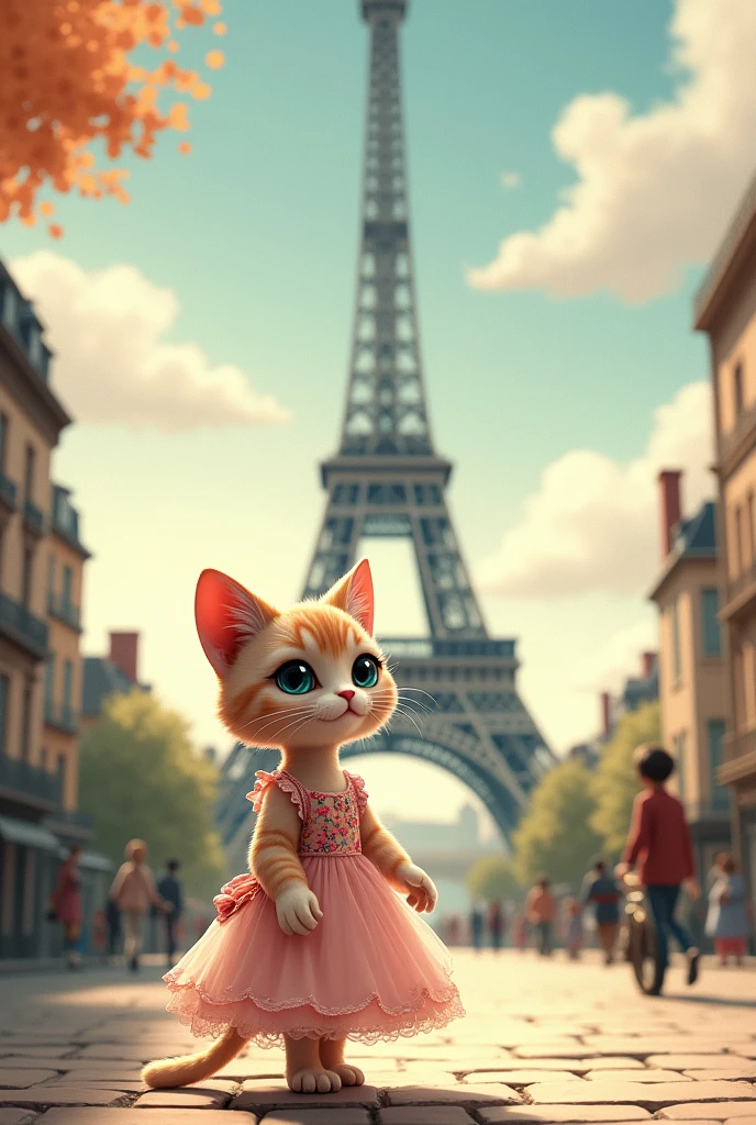 Now little cat with dress walking in front of effiel tower