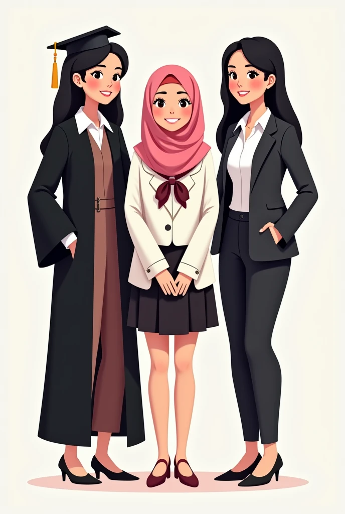 Three cartoon women, 
one on the left wearing a black graduation uniform (black hair), 
one in the middle wearing a white highschool uniforms with a pink hijab, 
and one on the right wearing an black office worker uniform (black hair).