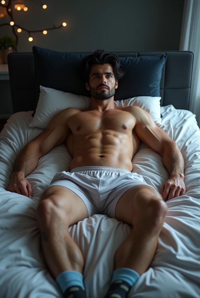 After exercise, Abs handsome guy lying on the bed socks and mix and match watching the audience real 4K light and shadow only transparent pants sweaty black hair blue eyes white socks sexy man normal body love physiological reaction strong