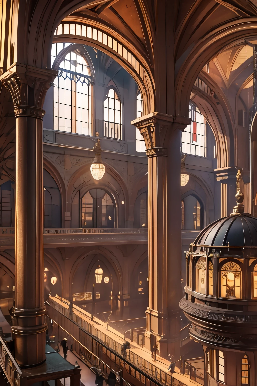 There is a large room,There are lots of lights and tables inside., steampunk factory background, matte painting of steam machines, Dreamy atmospheric lighting, steampunk Concept Art, steampunk background, Dramatic Lighting. Concept Art, In the Steampunk Lab, Victorian science fiction, 3d rendered steampunk, steampunk imagery themed, golden steampunk city atmosphere, Concept Art stunning atmosphere