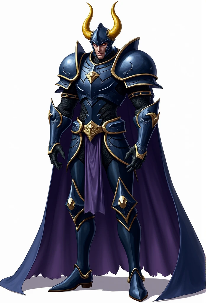 ragnarok online, masterpiece, best quality, 1boy, dark knight, dark blue helmet with two yellow horns, wearing dark blue armor, purple cape, evil grin, white background, full body, (closed mouth:1.2), looking at viewer, best quality