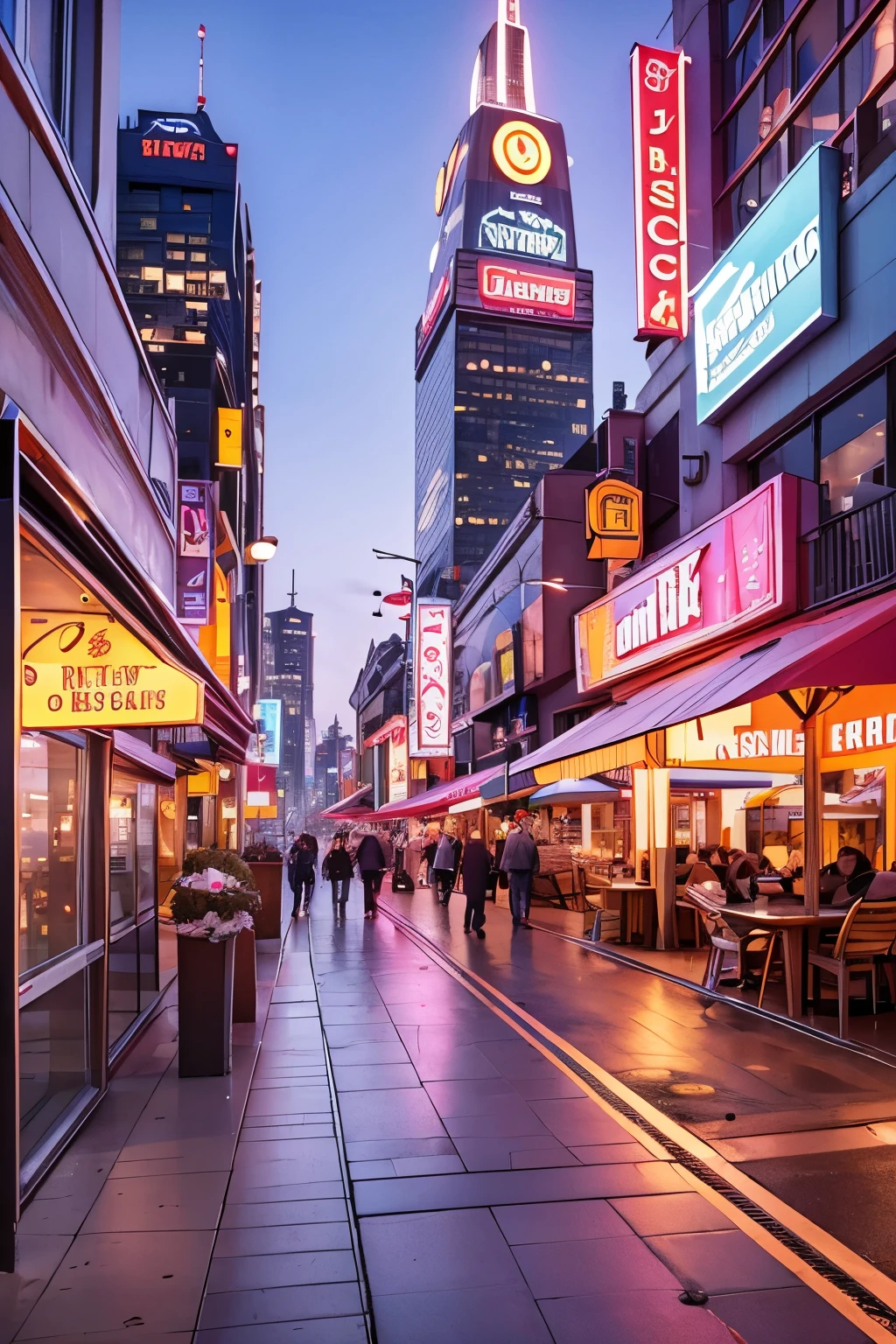 Night view of restaurant with skyscrapers, neon lights, cyberpunk metropolis