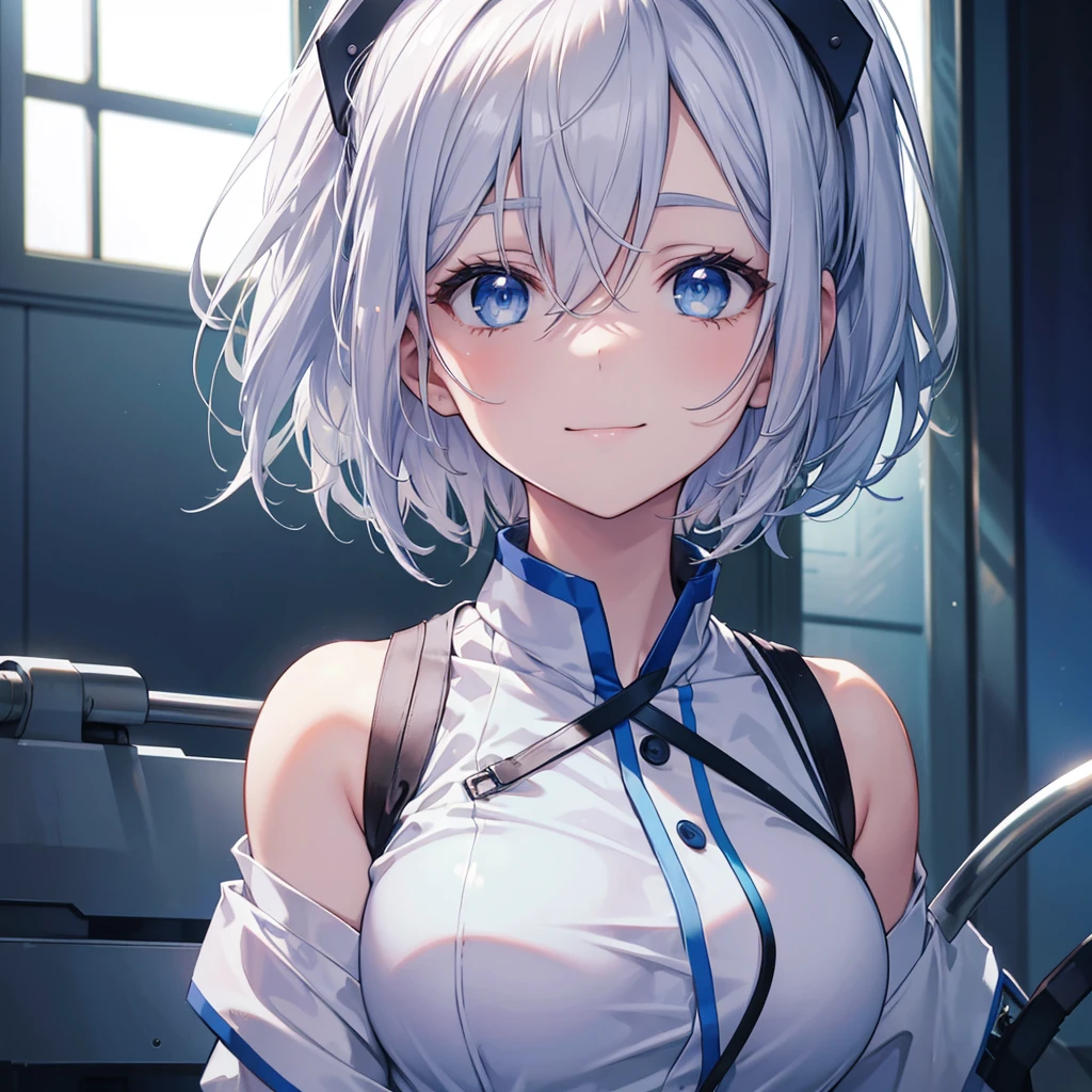 wear scrubs, White or pale blue scrub clothing, a beautiful detailed portrait of a shoulder length hair nurse aide, with no hat, large breasts, in an anime style, high resolution, photorealistic, dramatic chiaroscuro lighting, intricate details, ominous aura, beautiful blue eyes, beautiful silver hair, short bob cut, sharp facial features, strong presence, smile, I'm not wearing anything on my head, Hide your chest with your clothes.