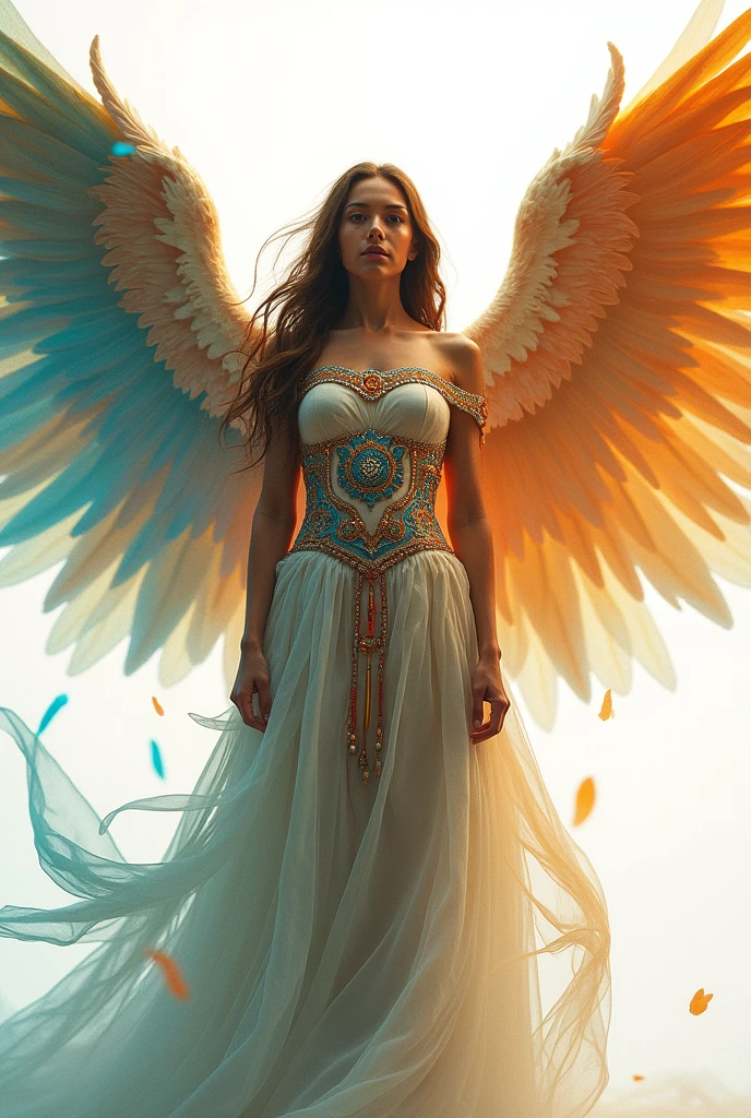 The goddess of beauty is coming,full-body shot,front,Pink,serious,symmetry,Spread wings,(Angelic, Angel Wings), Colorful clothes, Intricate details, Colored background, Abstract,Pure white background