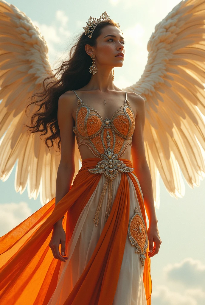 The goddess of beauty is coming，full-body shot，front，Pink，serious，symmetry，Spread wings，(Angelic, Angel Wings), Colorful clothes, Intricate details, Colored background, Abstract，Pure white background