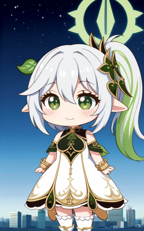  fullcg,Best quality,highest quality, 8k,Soft lighting, Confused, Looking at the audience, alone, smile, Knee socks,Nahida Genshin Impact | Character Lora 1283,((low length:1.5)),((chibi:1.5)),((little child girl)),1girl,difficult,Cute official outfit,cowboy shot,Beautiful cityscape,