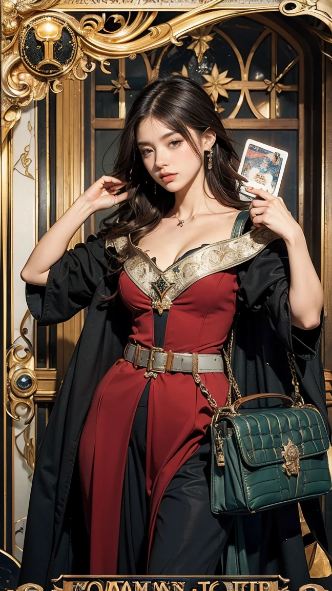 Highest quality、masterpiece、タロットcard、Balance scale、(Morgan Greer Tarot:1.2)、Retro art style、Thick outline、English text、Roman numerals、card、(Fit the frame properly:1.2)、(((タロットcard風の枠:1.5)))、((Medieval Europe、Traveling woman、Lots of travel bags、big travel bag、Tired pose、Blushing、Disgusted beautiful woman:1.5))