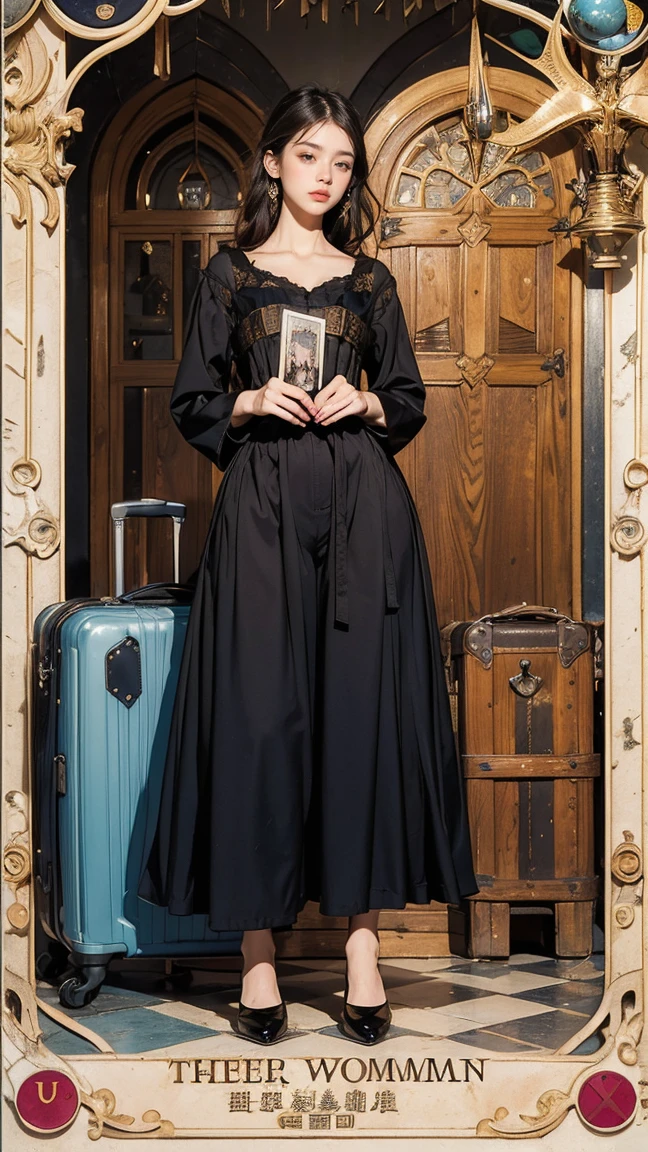 Highest quality、masterpiece、タロットcard、Balance scale、(Morgan Greer Tarot:1.2)、Retro art style、Thick outline、English text、Roman numerals、card、(Fit the frame properly:1.2)、(((タロットcard風の枠:1.5)))、((Medieval Europe、Traveling woman、Lots of travel bags、big travel bag、Tired pose、Blushing、Disgusted beautiful woman:1.5))