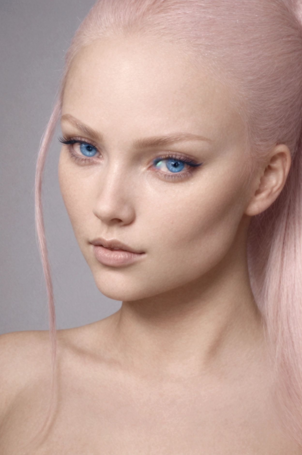 Create a close-up portrait of a stunningly beautiful Scandinavian woman with fair, flawless skin, and deep blue eyes. She mid length, flowing pink and blue gradient hair in ponytail. Her facial features are delicate and symmetrical, with high cheekbones, a well-defined jawline, and full lips with a natural pink hue. The lighting should be soft and flattering, enhancing her natural beauty, and the background should be neutral to keep the focus on her face. She should have a seductive sexy expression.