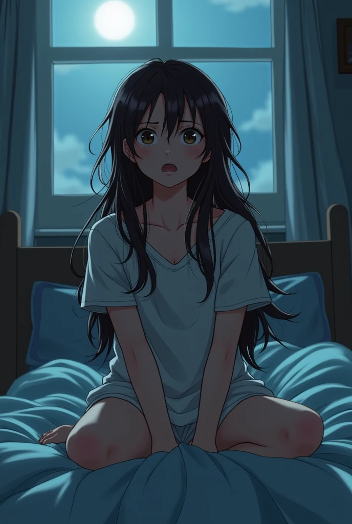 **Cielo's Physical Description:**
Cielo, at , has long, slightlywith her long brown hair slightly disheveled, , especially after waking up. She wears a simple pajama set. Despite being older, she remains quite and has a gentle, endearing appearance. Her hair IS
**Panel 9: Cielo Waking Up Frightened**
**Description:** Cielo, now , wakes up abruptly in the middle of the night. Sitting up in her bed, her breathing is rapid, and her face shows panic and confusion. Her hands grip the sheets tightly as she tries to recover from the dream. The room is simple and humble, with few belongings, but it's tidy and well-kept. Moonlight softly filters through a window, barely illuminating the space. Cielo is dressed in a simple pajama set, and her long hair is slightly messy from sweat.