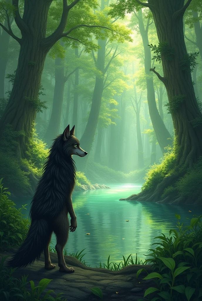 In a forest，Green towering trees，There is a clear spring in the middle of the forest.，A wolf boy was there, keeping watch on the surroundings.，This boy has long black hair，Emerald green eyes