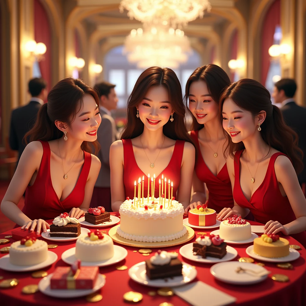 There are pretty Asian casino dealers who are having a birthday . It is full of cakes and gift boxes.