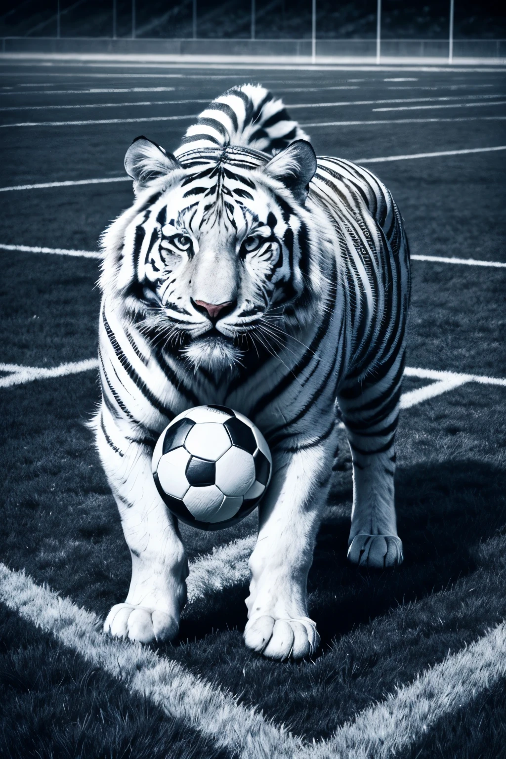 create drawing of a black and white Siberian tiger standing on a football field black and white football shirt PARQUE CONVEIMA and stepping on a soccer ball