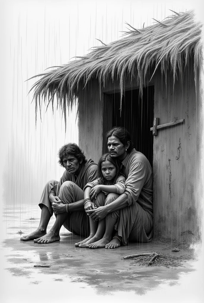 A indian poor family escaping from rain, together,
Clothes are tored, rain is falling upon them under a straw house, an invironment of heavy rain, a pencil sketch
