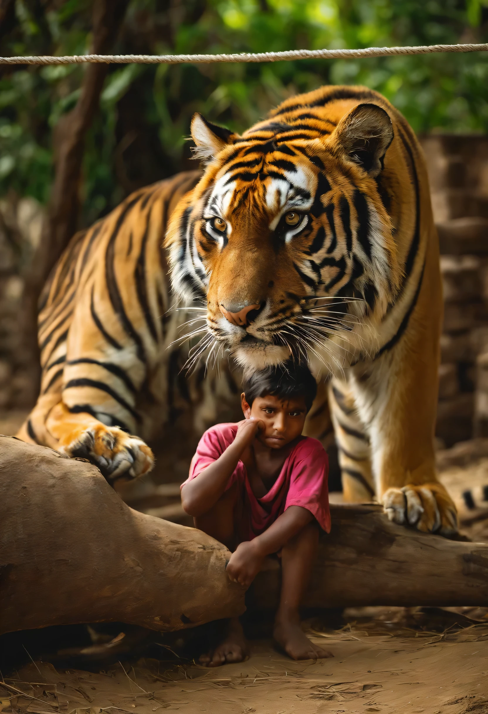 The Story of a Tiger Attack on a Village One night a tiger attacked a small village. The villagers got scared and hid in their houses. The tiger hunted many animals and spread terror in the village. But the brave youth of the village did not give up. They made a plan and faced the tiger with a big net. Eventually, they trap the tiger and secure the village. Because of this bravery, the villagers considered these young men as heroes and all celebrated together.

