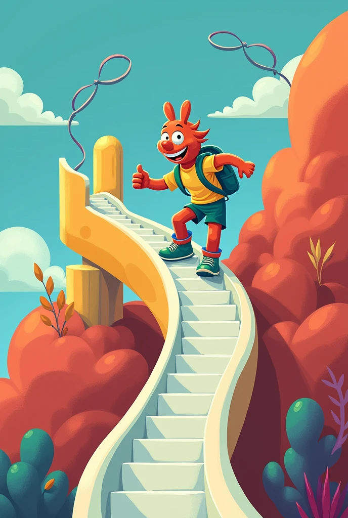 Cartoon climb down on slide stairs