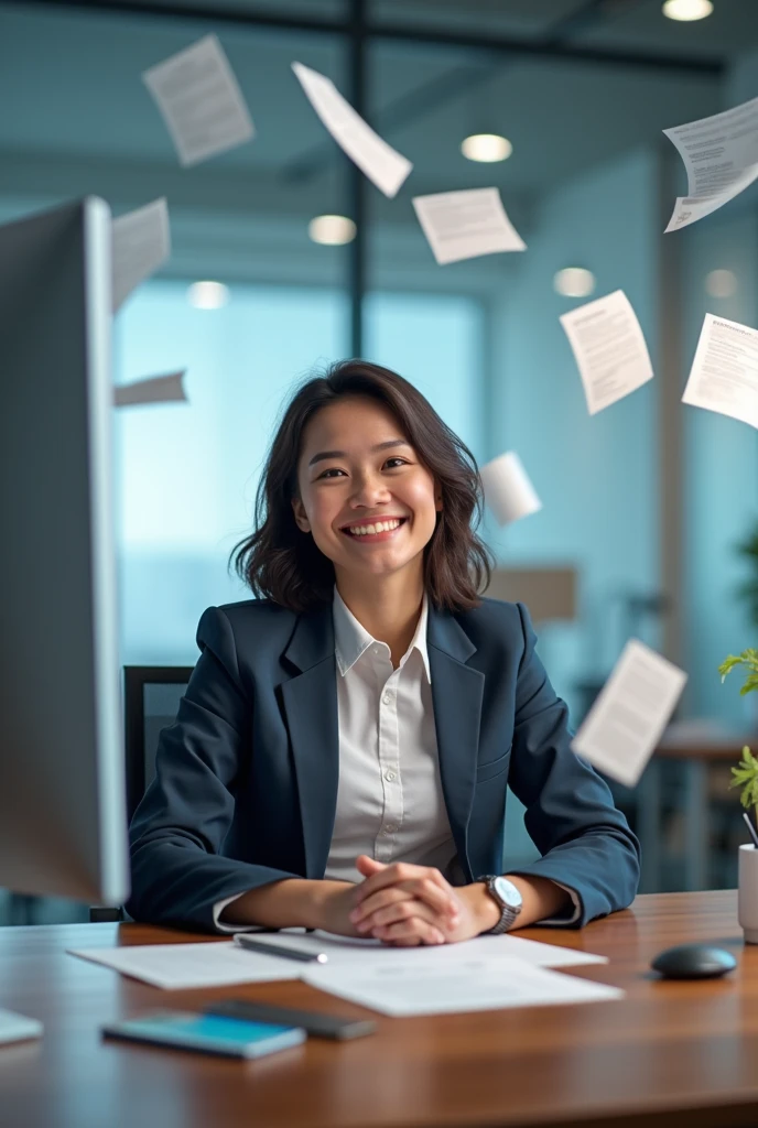 Office girl sit and smile while looking papers are flying into the computer screen