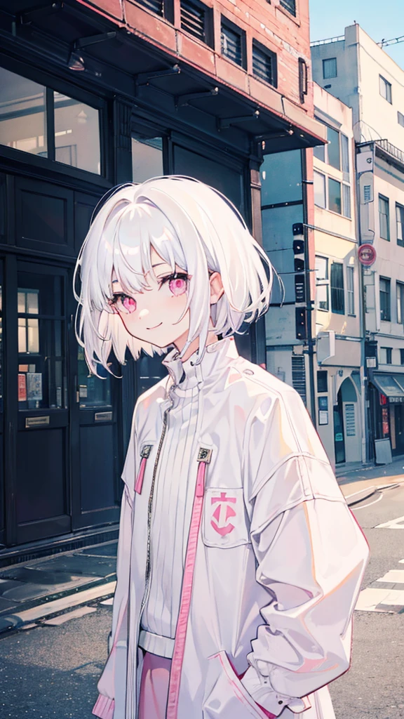 small,smile,White Hair,Short Hair,White with a slight pink tint,Everyday scenery,Facing forward
