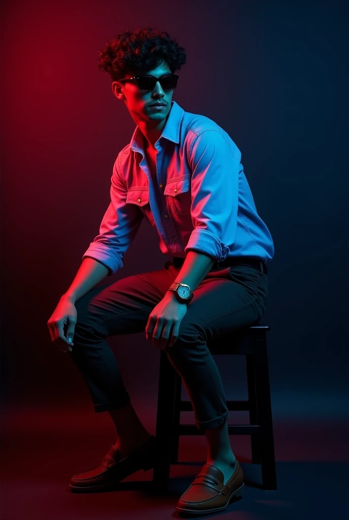 A tan boy with black wave hair wearing sunglasses, sky blue shirt tucked with dark brown belt, white long trousers and old watch on it and dark brown loafers sitting on black stool and black background red and blue light on it the boy turning right side and seeing right side