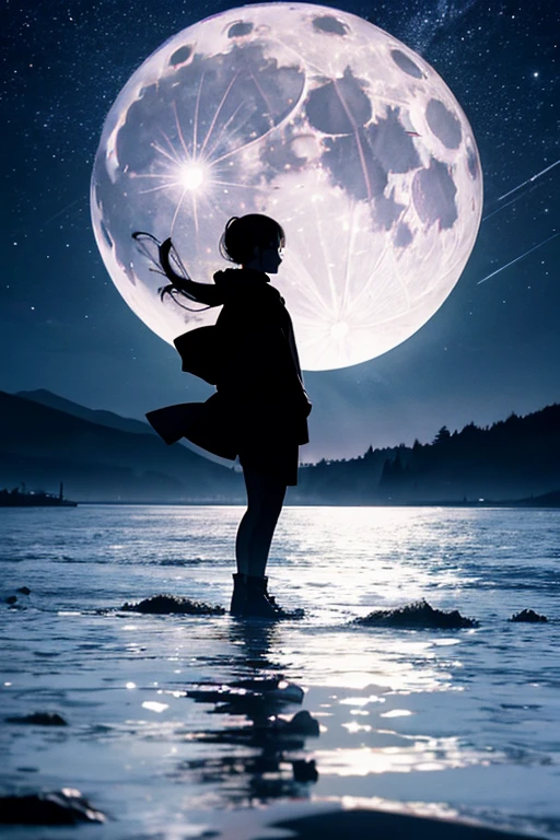 Highest quality,Big moon and shadow,A silhouette of a person can be seen against the backdrop of a large moon.,There is one full moon,There is a mood,Beautiful scenery,Starry Sky