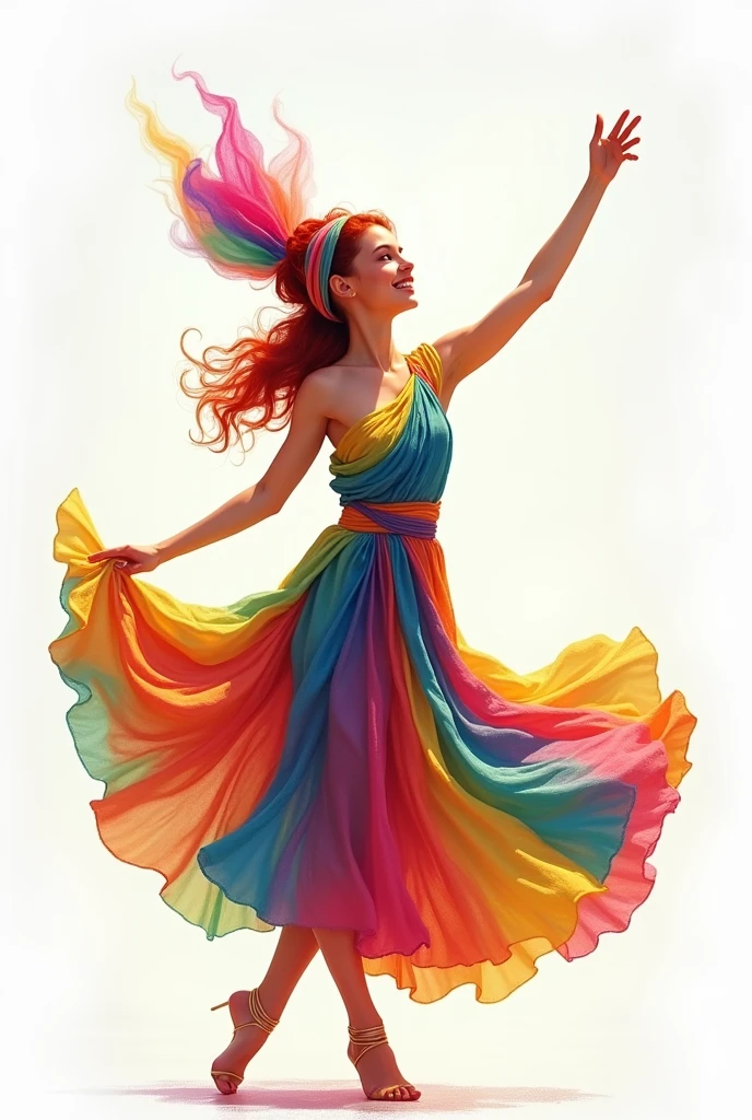 masterpiece, best quality, 1girl, solo, a dancer, red hair, rainbow head scarf, wearing rainbow color dancer robe, dancing, happy face, white background, full body, (closed mouth:1.2), looking at sky, best quality
