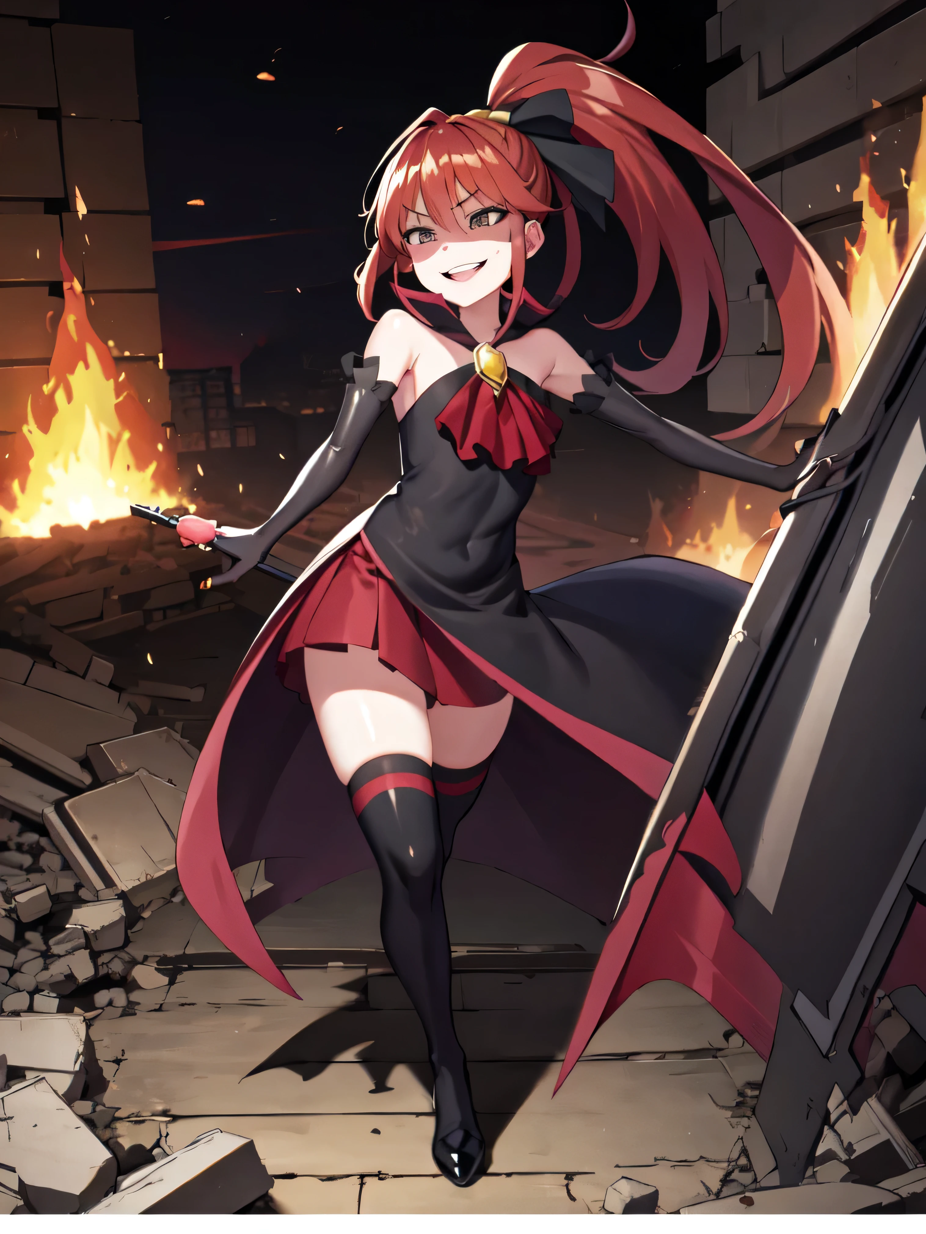 Highest quality, masterpiece, One Girl,Not beautiful, Red Ponytail, Long dress, brooch, Hair Ribbon,  Black knee socks, Standing on the rubble,  , ,,Dark shadow face,Sadistic laugh,,Malice,Contempt,smile,latex,Bad face,,Red Skirt,both hands,Two legs,Five Fingers,Evil background,Elbow fullgloves,latex,evil laugh, Debish Aura (Shiny fabric:1.5),Dark world background,solo,Burning cityscape


