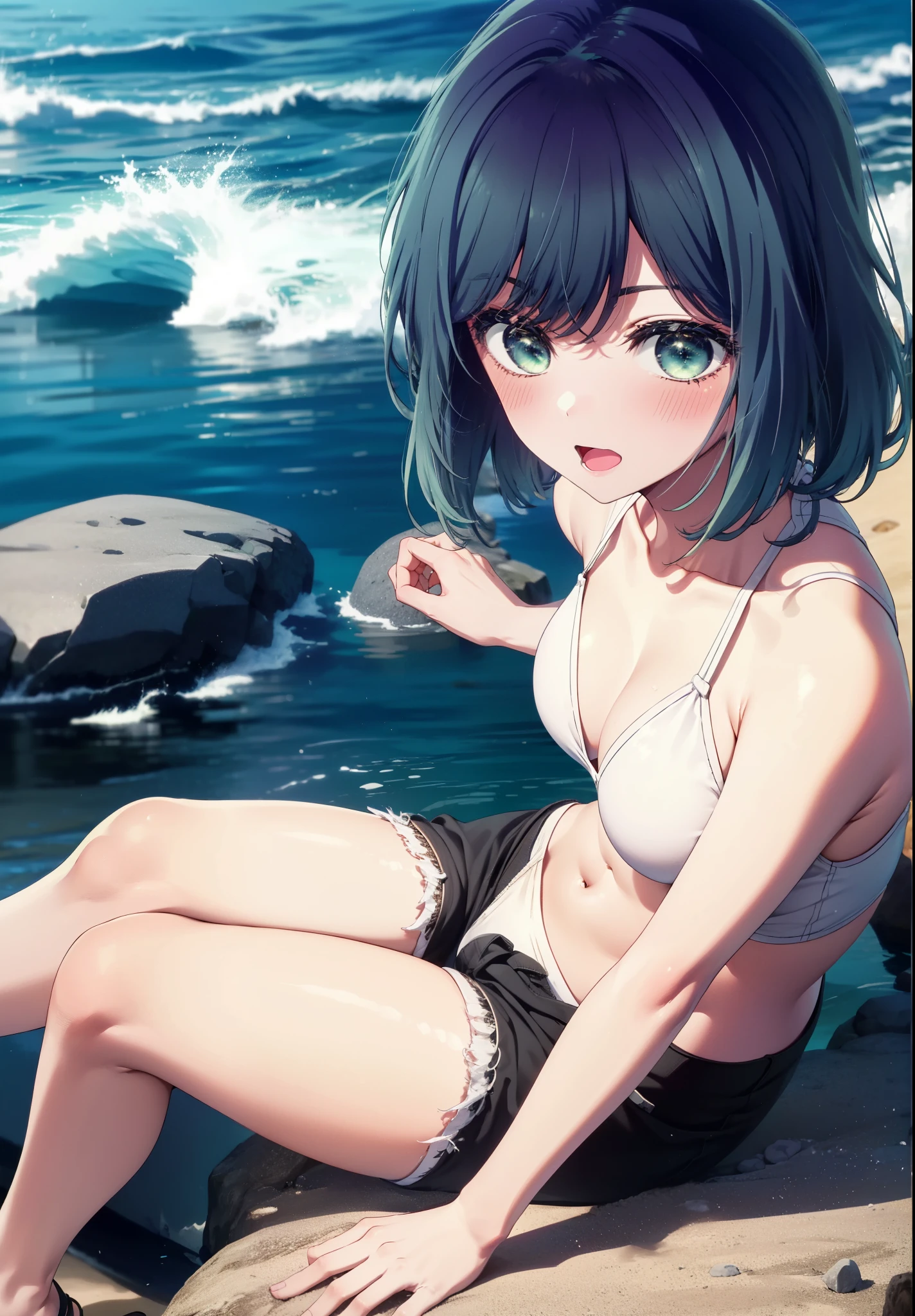 akanekurokawa, akane kurokawa, bangs, (Green Eyes:1.3), Blue Hair, Long Hair, dark Blue Hair,smile,blush,Open your mouth,Medium Breast,White Bikini Swimsuit,Shorts,Cute Sandals,Sitting on a rock,whole bodyがイラストに入るように,
break outdoors, Beach,Sandy Beach,
break looking at viewer,whole body ,
break (masterpiece:1.2), Highest quality, High resolution, unity 8k wallpaper, (figure:0.8), (Beautiful attention to detail:1.6), Highly detailed face, Perfect lighting, Highly detailed CG, (Perfect hands, Perfect Anatomy),