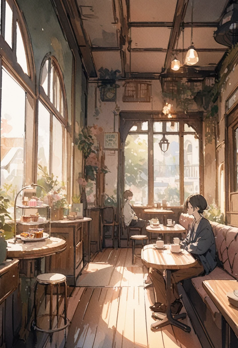 masterpiece,最high quality,Very detailed,High resolution backgrounds,8k,there is nothing,high quality,break,japanese manga style, sketch, Watercolor Colors,Cafe with a nice atmosphere,antique interior,Stylish interior,juvenile,slowly,relax,sweets,
